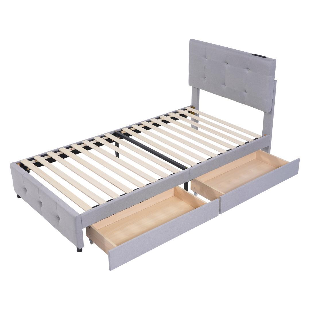 【新品】ライトグレー Sシングルベッド 布貼り 引き出し付き 北欧風