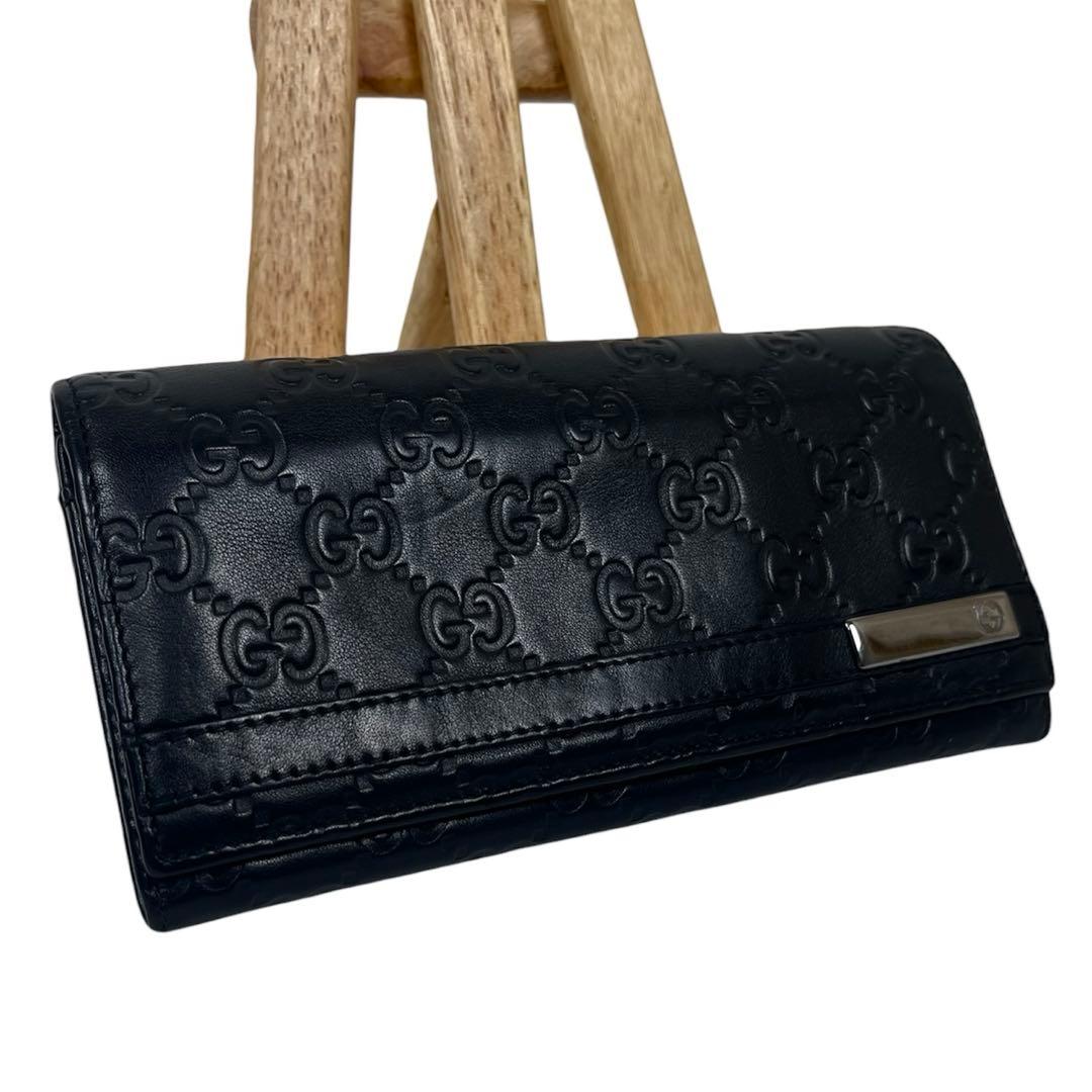 グッチ　ロゴプレート 長財布　GGシマレザー　エンボス加工　本革　ブラック　美品