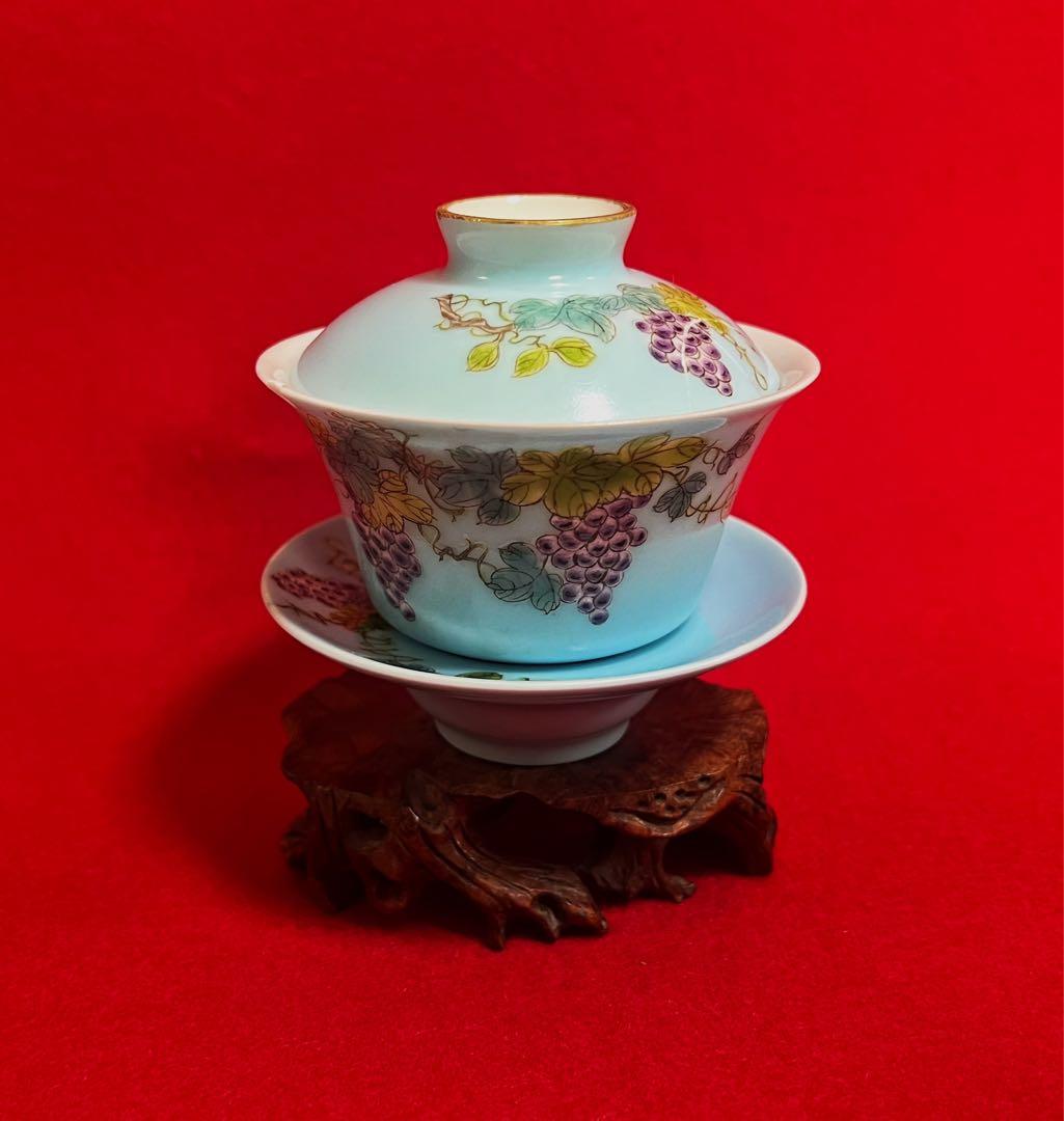 中国美術 古玩 葡萄紋樣 蓋碗 茶碗 慎德堂製　茶道具