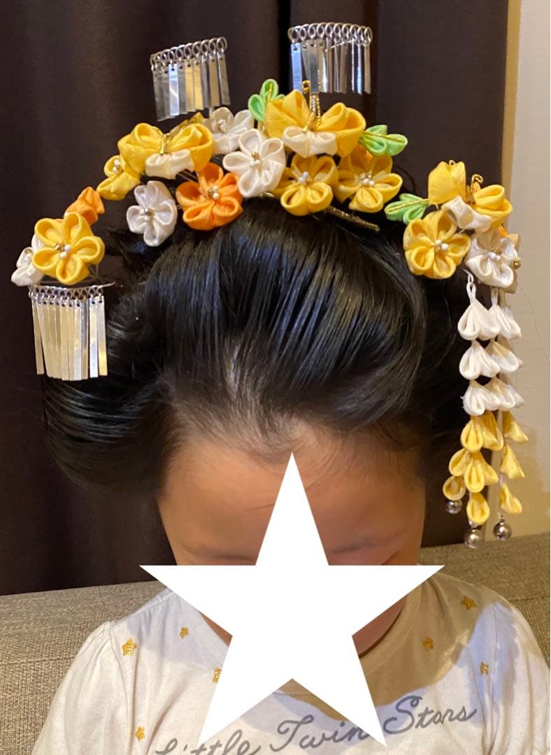 着用画像あり！七五三髪飾り　勝山　正絹　7歳　黄色