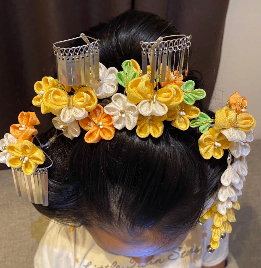 着用画像あり！七五三髪飾り　勝山　正絹　7歳　黄色