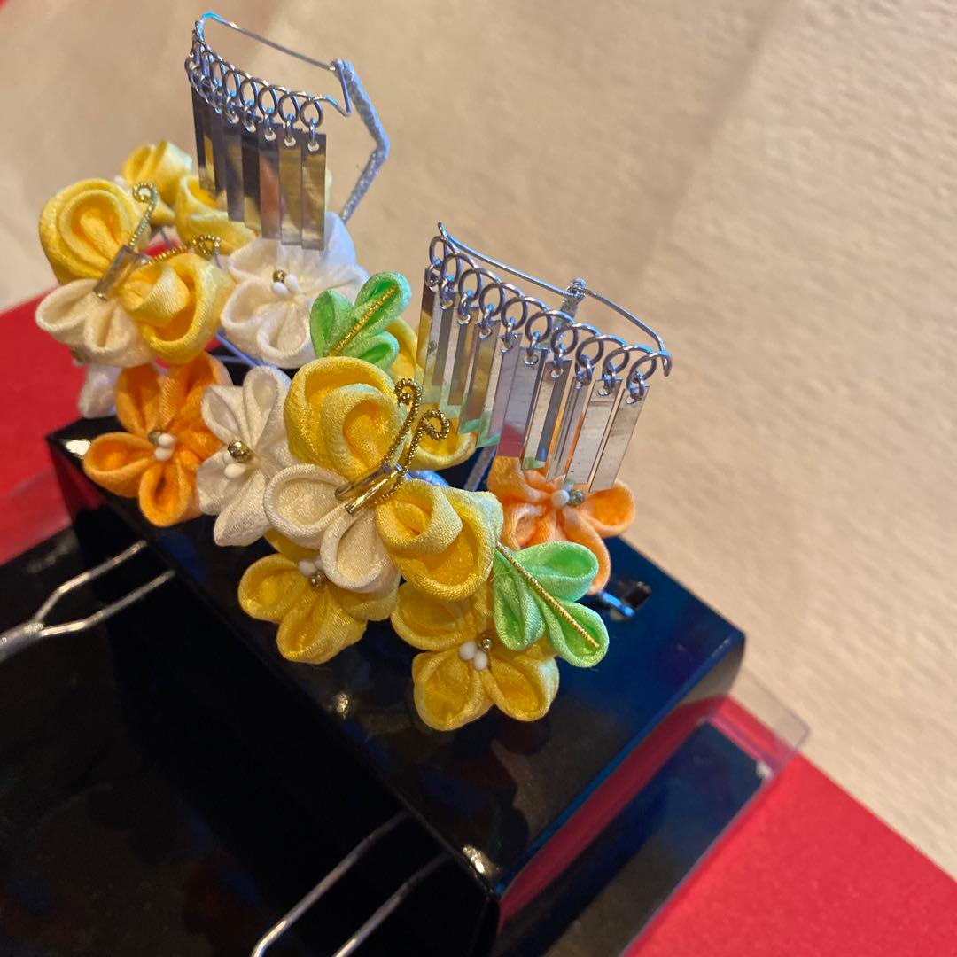 着用画像あり！七五三髪飾り　勝山　正絹　7歳　黄色