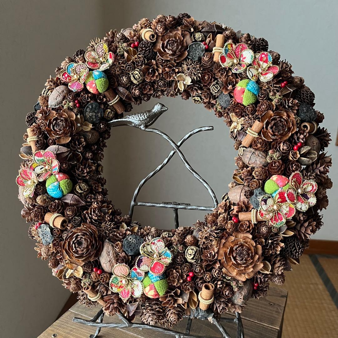 【ハンドメイド】木の実の和風リース　　約39㎝