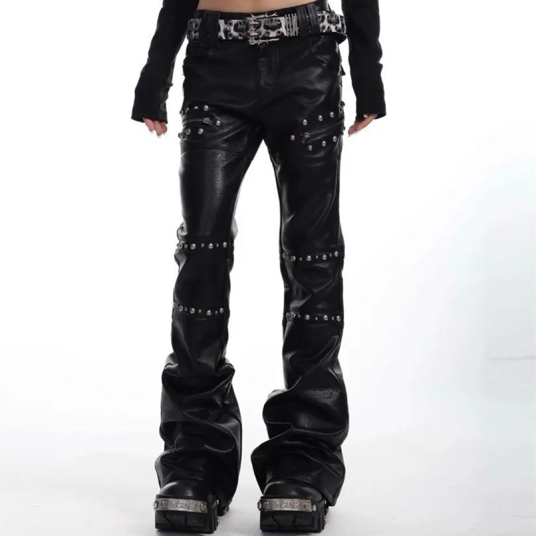 SEXXDEVIL フェイクレザーパンツ ブラック スタッズデザイン opium