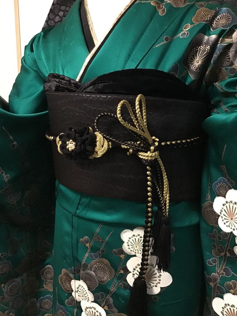 振袖フルセット　豪華　正絹　緑　金銀彩　梅　振袖6点セット　成人式