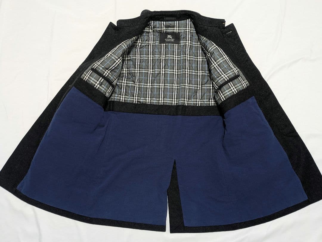 極美品 バーバリーブラックレーベル ウール ステンカラーコート ノバチェック L