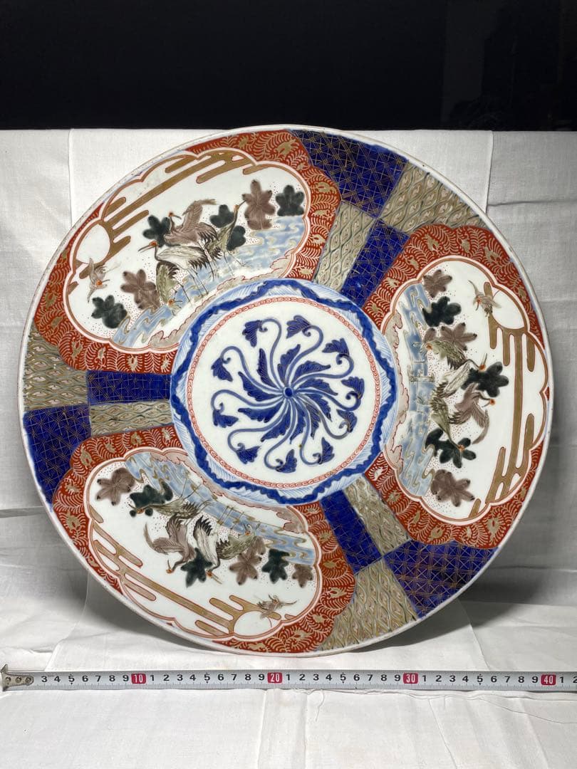 古伊万里。大皿。金彩。松鶴文。茶道具。飾皿。明治時代。古美術。骨董品。蔵出し。