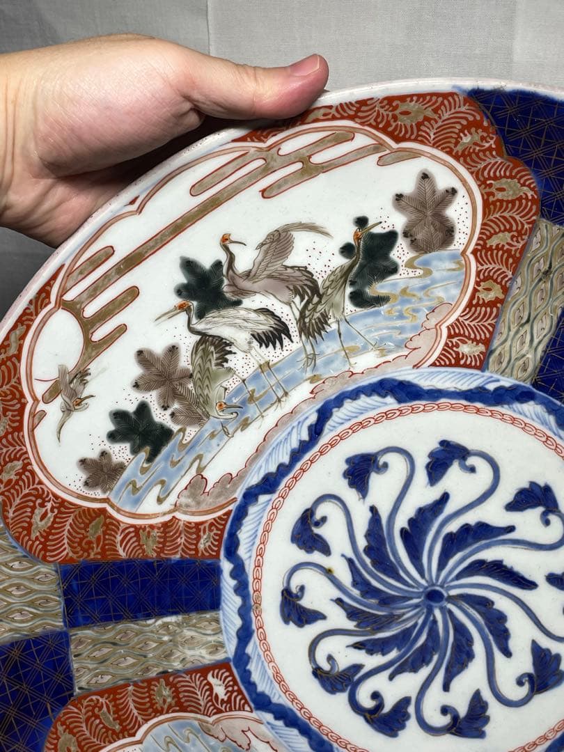 古伊万里。大皿。金彩。松鶴文。茶道具。飾皿。明治時代。古美術。骨董品。蔵出し。