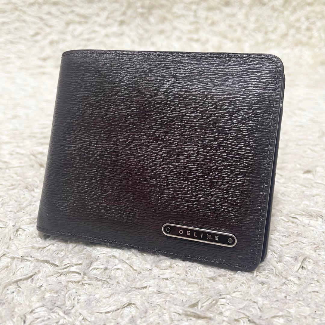【良品】CELINE 折り財布　コンパクトウォレット　レザー　ロゴ金具　濃茶