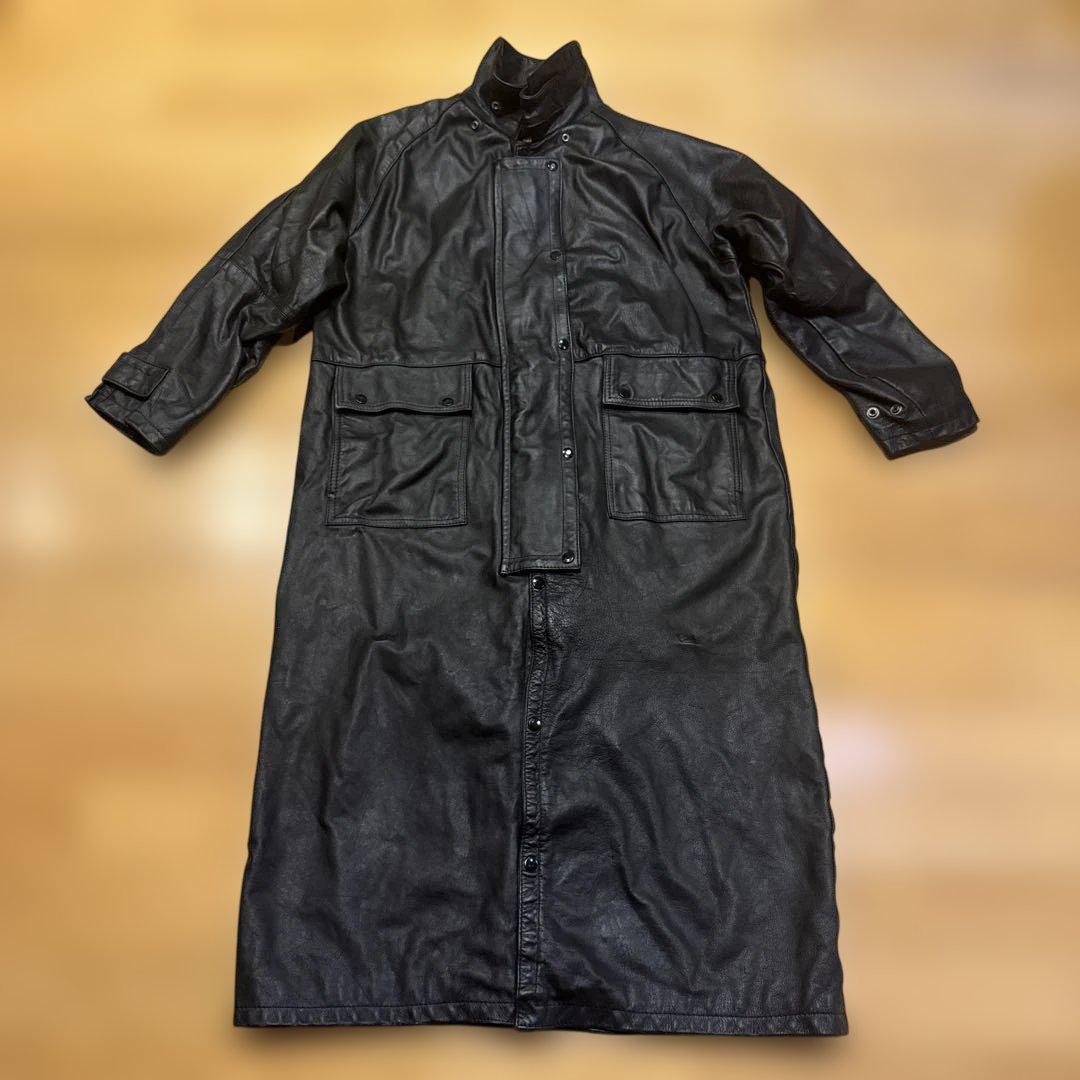 90s肉厚黒レザー モーターサイクルロングコート スタンドカラーFIRST