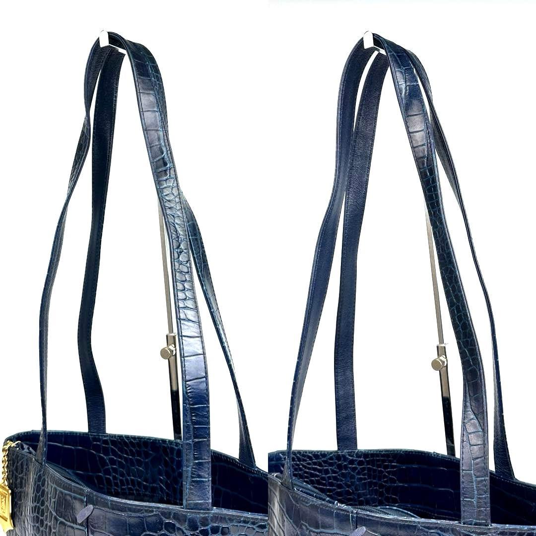 【美品】イヴサンローラン　ワンショルダー　肩掛け　ステッチ　クロコ　レザー　紺色