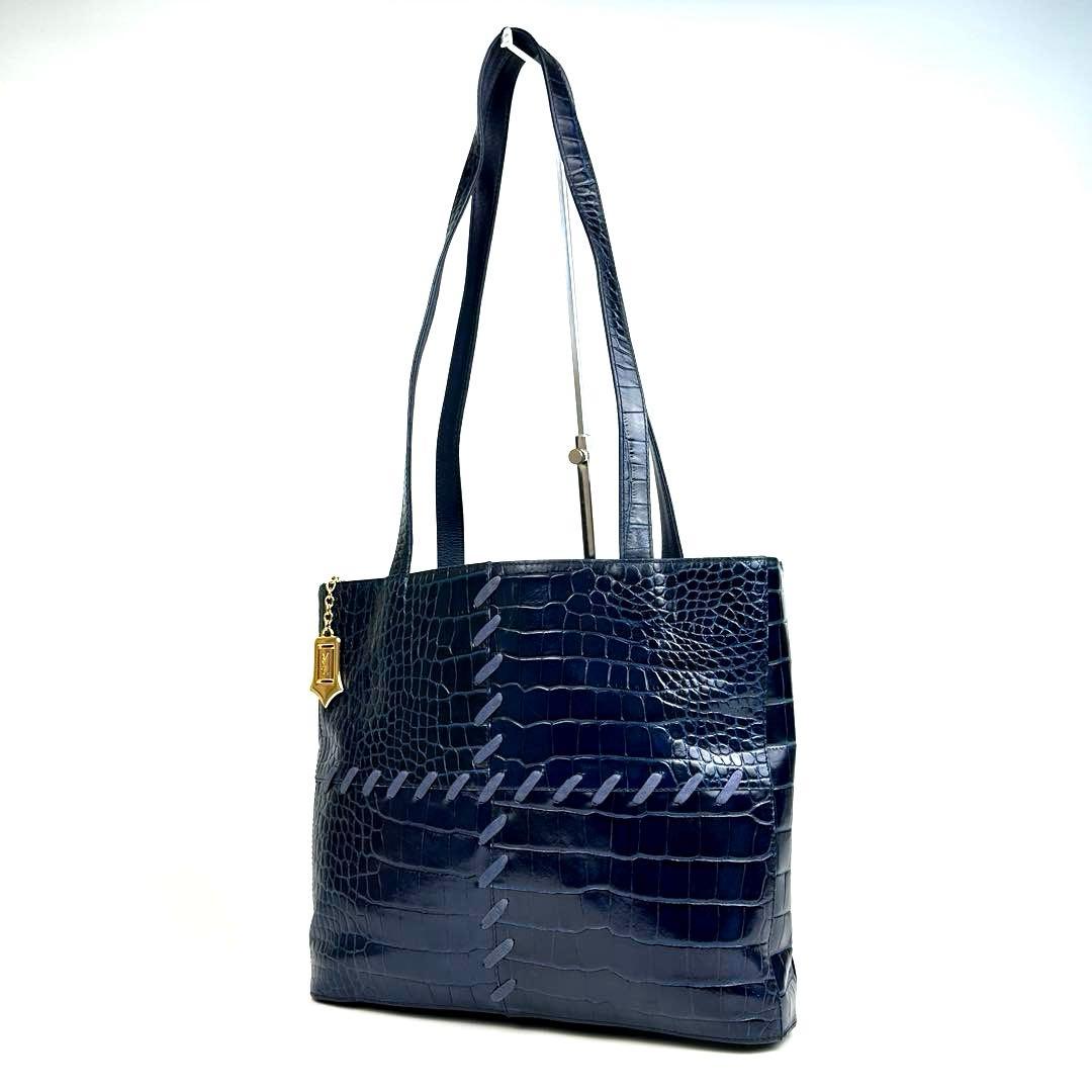 【美品】イヴサンローラン　ワンショルダー　肩掛け　ステッチ　クロコ　レザー　紺色