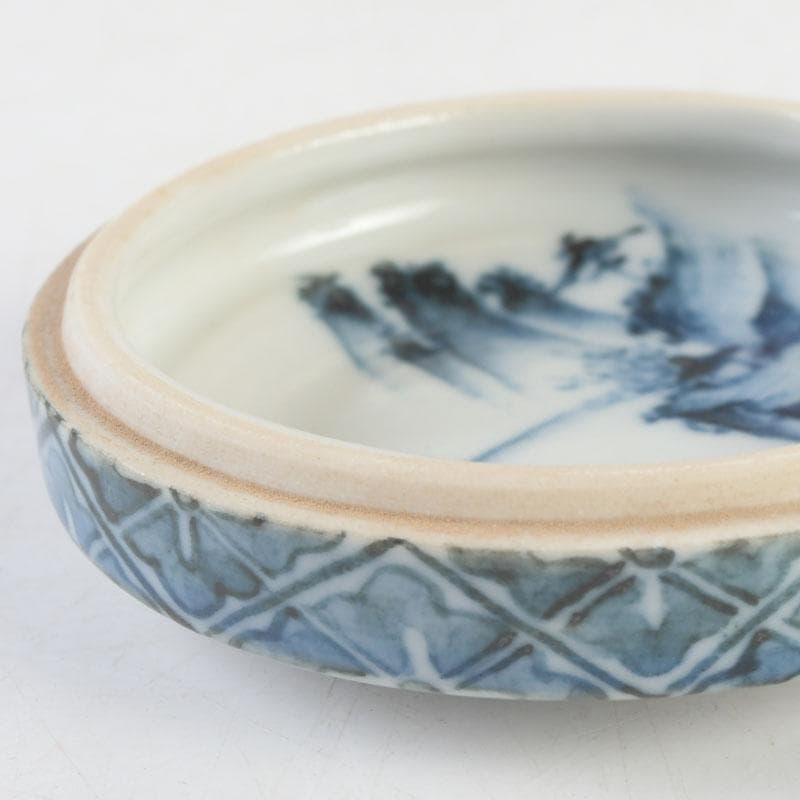 茶道具　京焼　高橋道八造　染付　山水文　香合　紫野　小田雪窓極め箱　V　9733