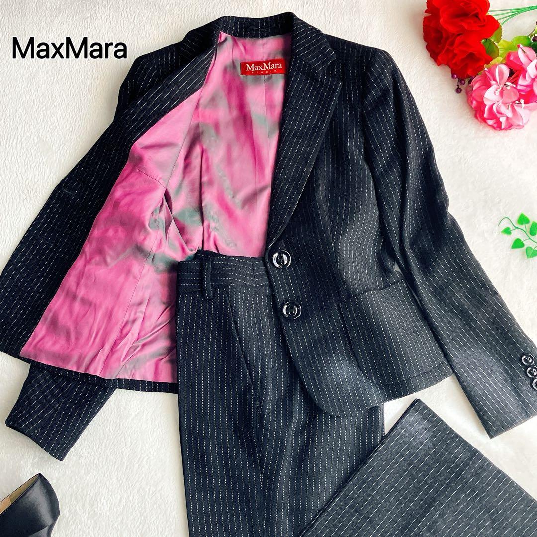 【美品】マックスマーラ★パンツスーツ ウール ストライプ 裏地玉虫 ワイドパンツ