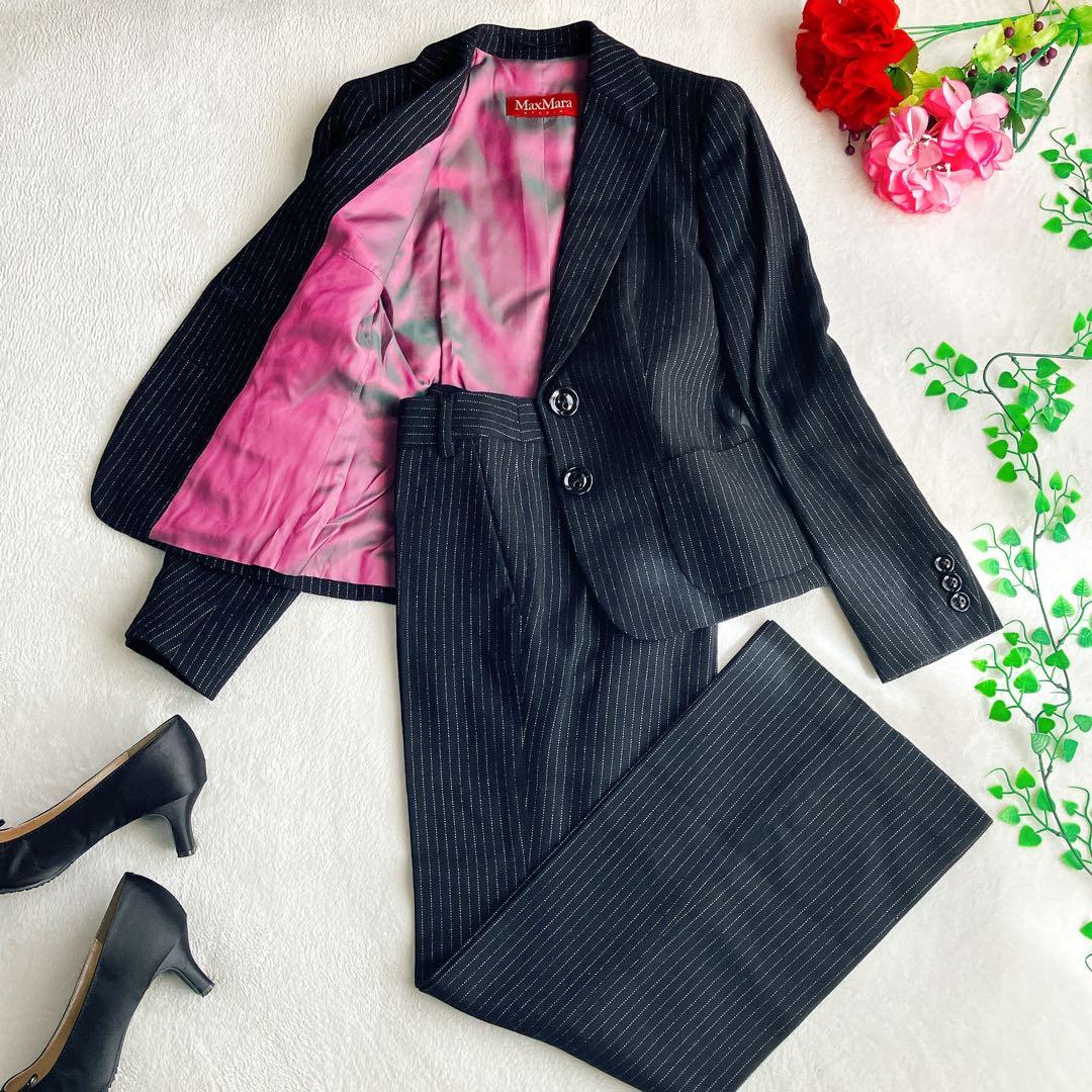 【美品】マックスマーラ★パンツスーツ ウール ストライプ 裏地玉虫 ワイドパンツ