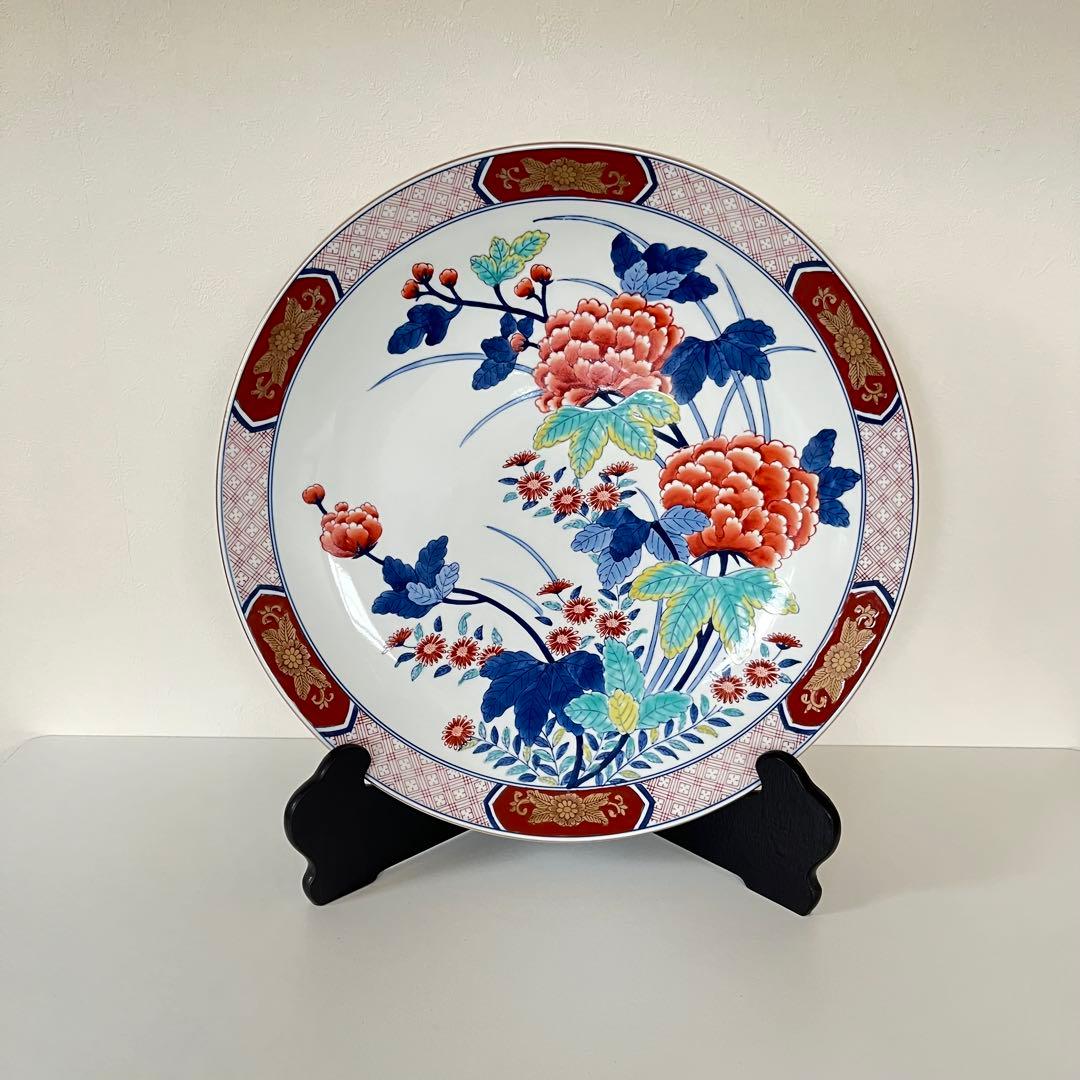 有田焼　錦芙蓉　飾り皿　絵皿　大皿　スタンド付き　哲山作　40cm