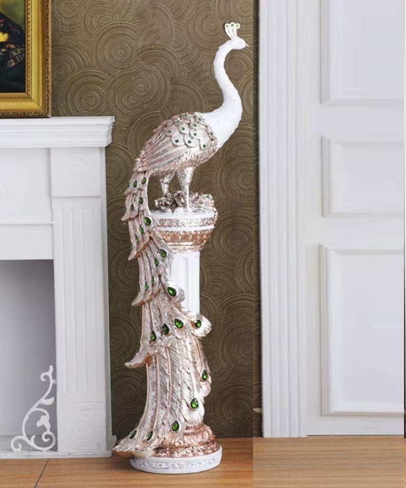 置物 孔雀 前向きの孔雀 白 70cm 柱  インテリア 風水 ホワイト