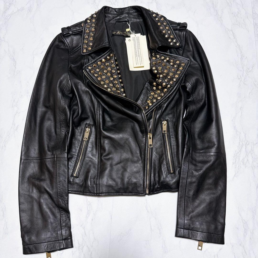 新品タグ付き✨ZARA ラムレザー　ライダースジャケット　ダブル　スタッズ　黒