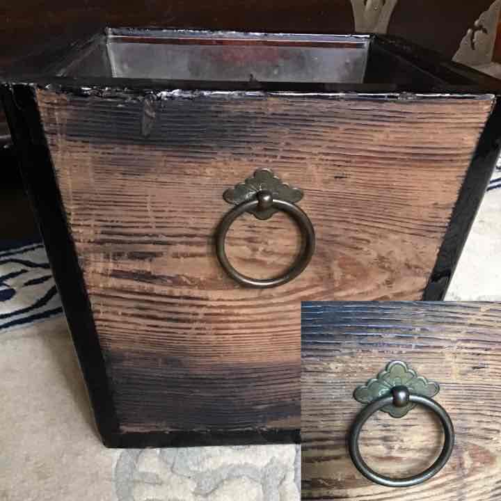 A044 アンティーク　木製　鶴瓶桶形火鉢　欅　漆　鉢カバー　小物入