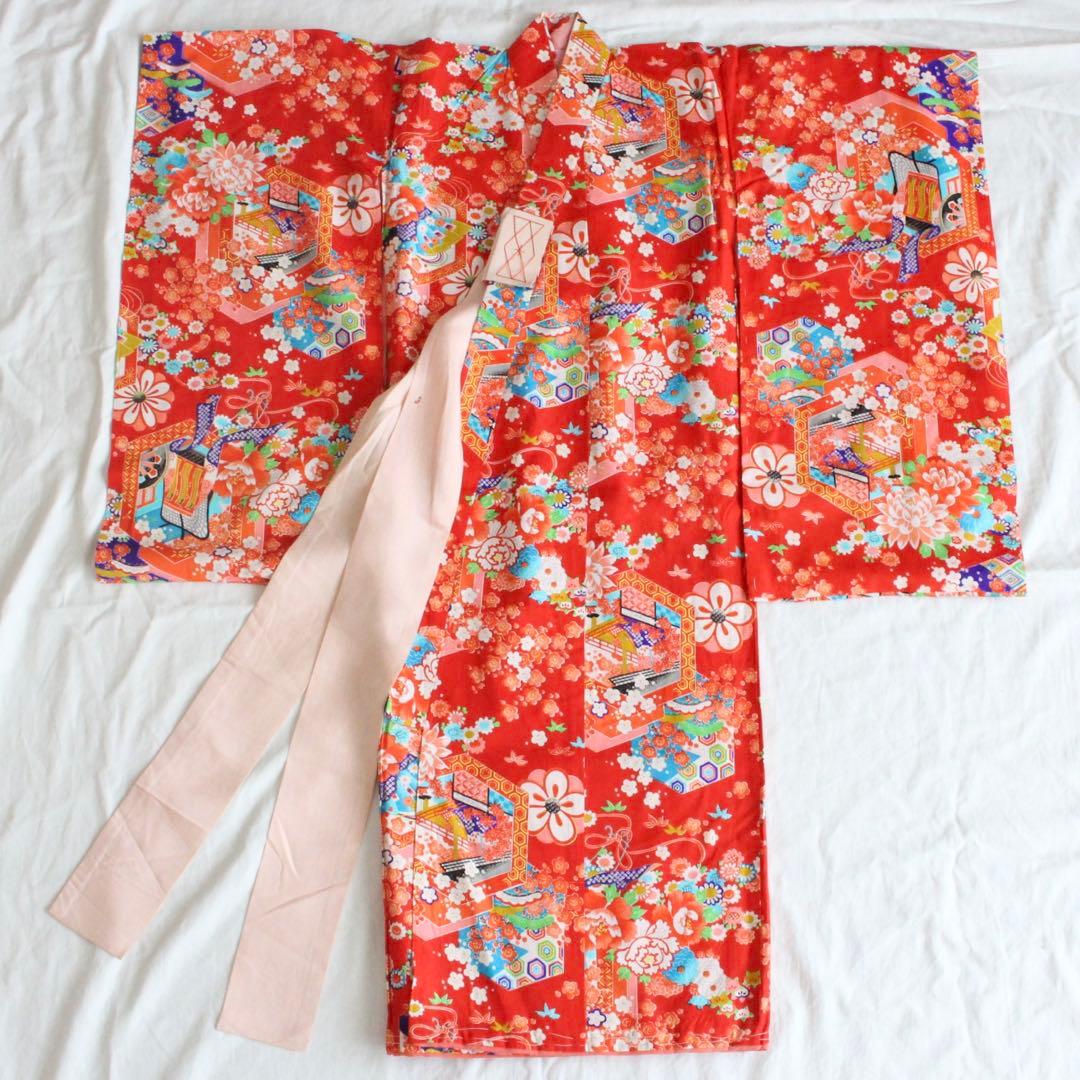 七五三 3歳 女の子 子供 アンティーク 赤 着物 被布 セット