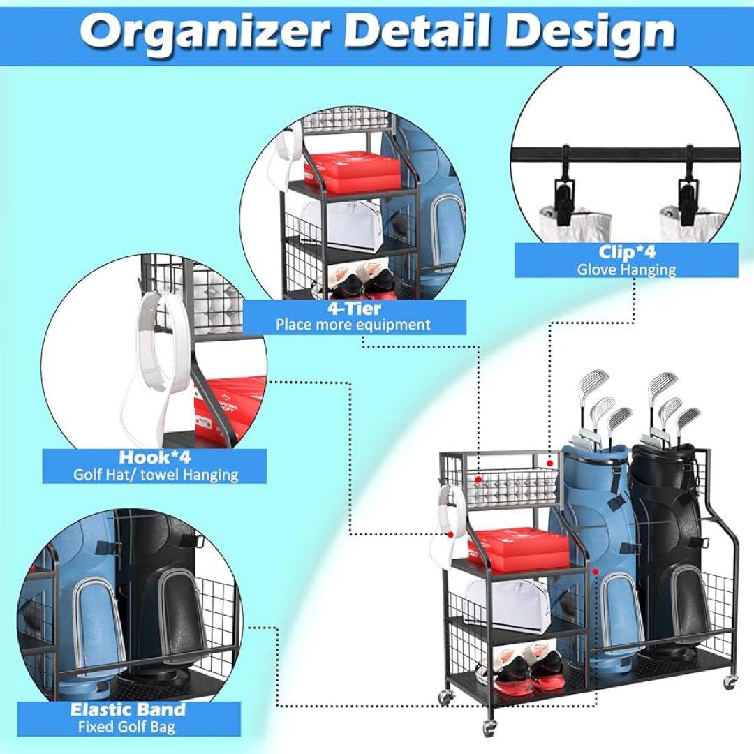 ゴルフ収納ラック ゴルフバッグオーガナイザー ガレージ用 ゴルフクラブホルダー