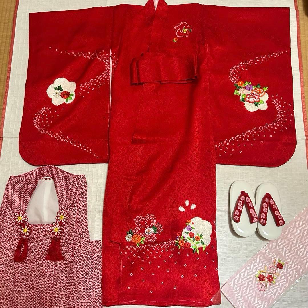 七五三 3歳 フルセット 総絞り 着物 正絹 被布 刺繍 三歳 赤 草履 753