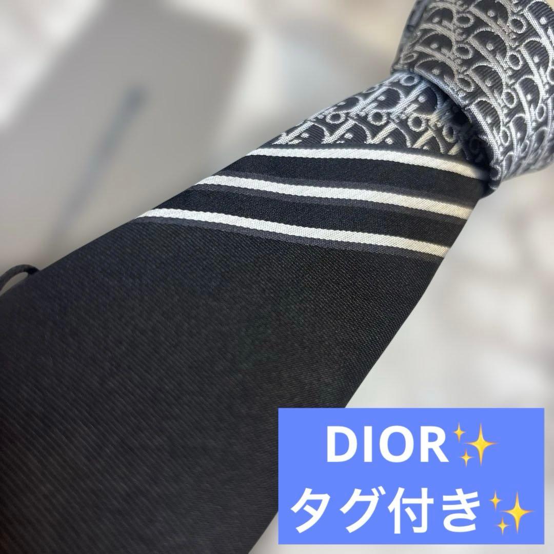 【タグ付き✨】DIOR ネクタイ　オブリーク柄　ブラック　黒色　シルバー　銀色