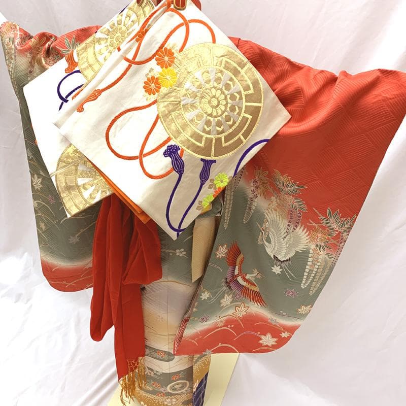 512ag21□七五三 七歳 女児 着物&袋帯&長襦袢 鶴 藤 露芝□状態良好