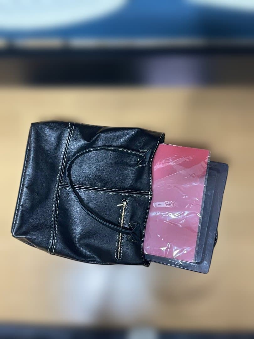 ブラックレザートートバッグ　手縫い頑丈　大型　黒