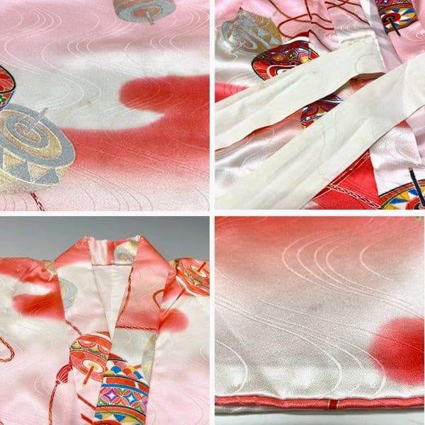 女の子 七五三 着物と小物セット⭐3～7才 ピンク×赤ぼかし 古典柄 2182