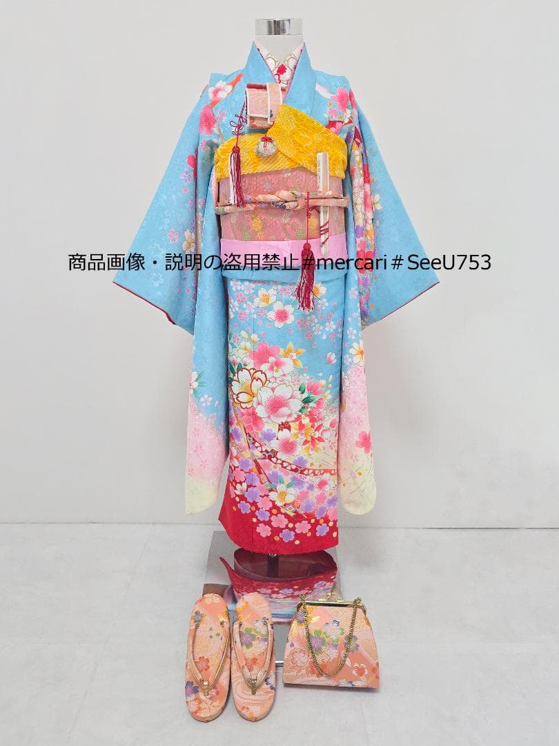 七五三　7歳　水色　着物　セット　女の子 *c39