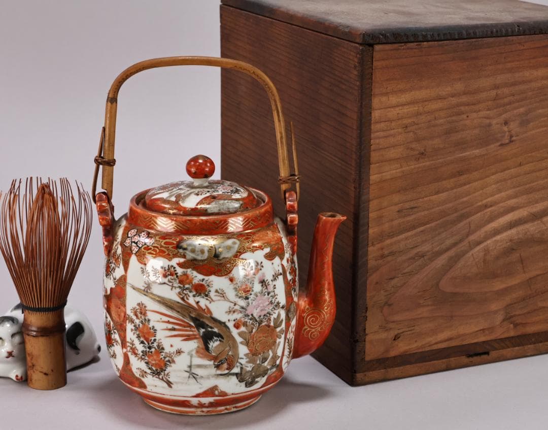 明治期　九谷造　赤絵　花鳥唐子図　注水　急須　重さ347ｇ　茶道具　煎茶道具