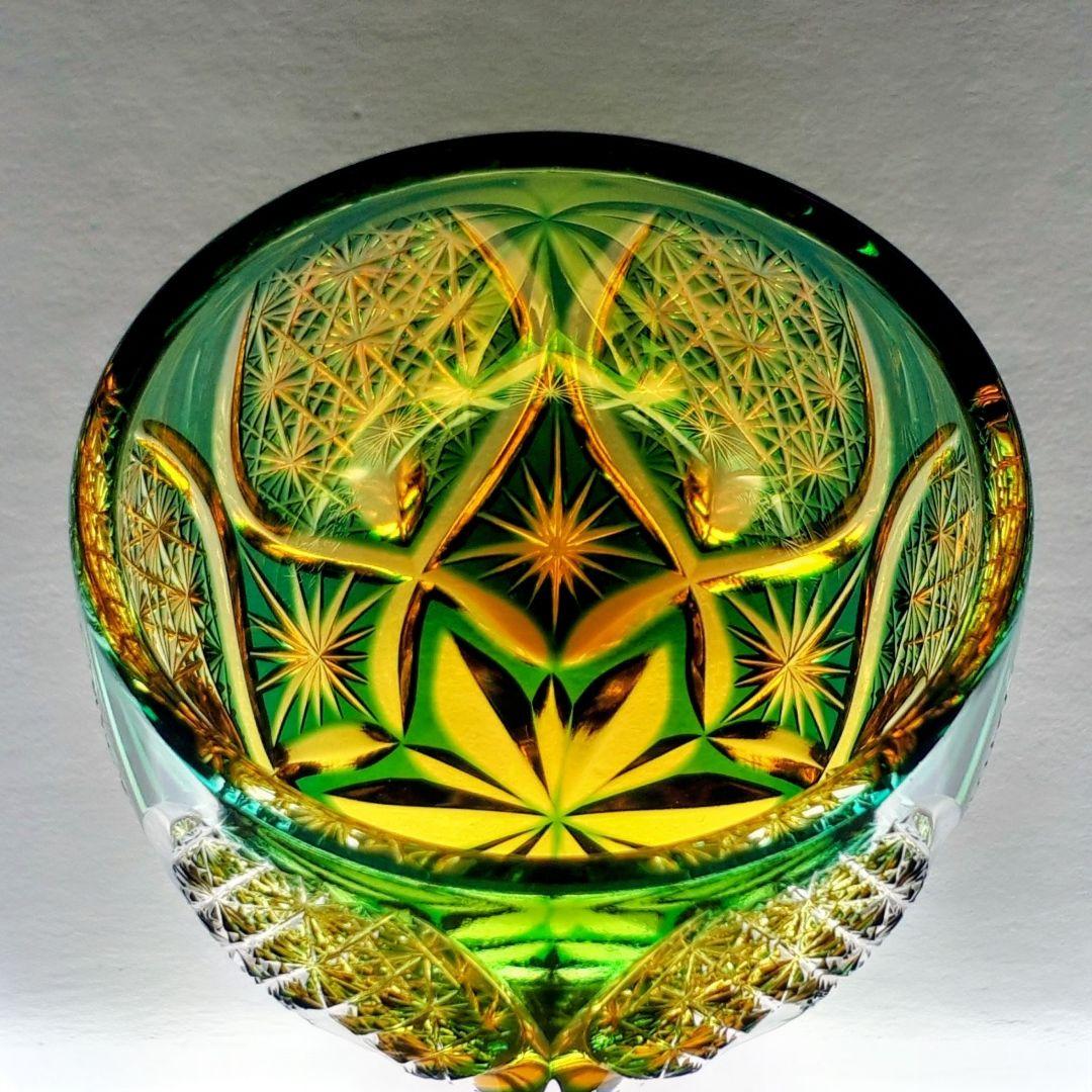 江戸切子　ෆ 根本達也 作品 ෆ　琥珀／緑 　 ぐい呑　【 未使用　美品 】