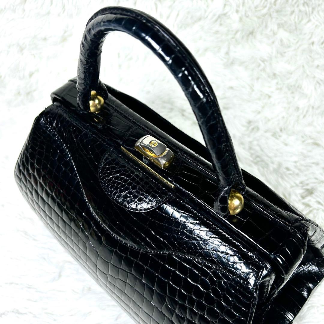 希少✨ シャイニングクロコダイル ダレスバッグ 黒 ゴールド金具 フォーマル