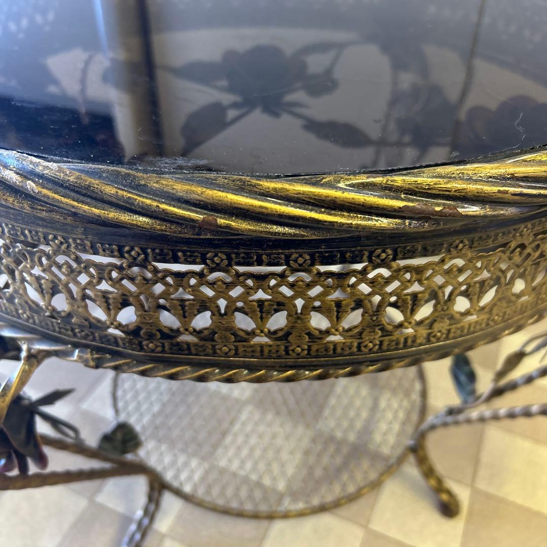 アンティーク薔薇装飾 サイドテーブル 天板ガラス バラ丸テーブル