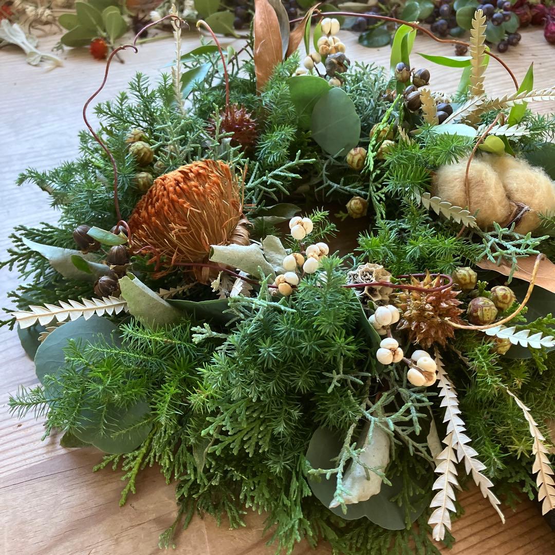 30㎝　ドライアンドラとコットンの大人ブラウンクリスマスリース　グレビレア