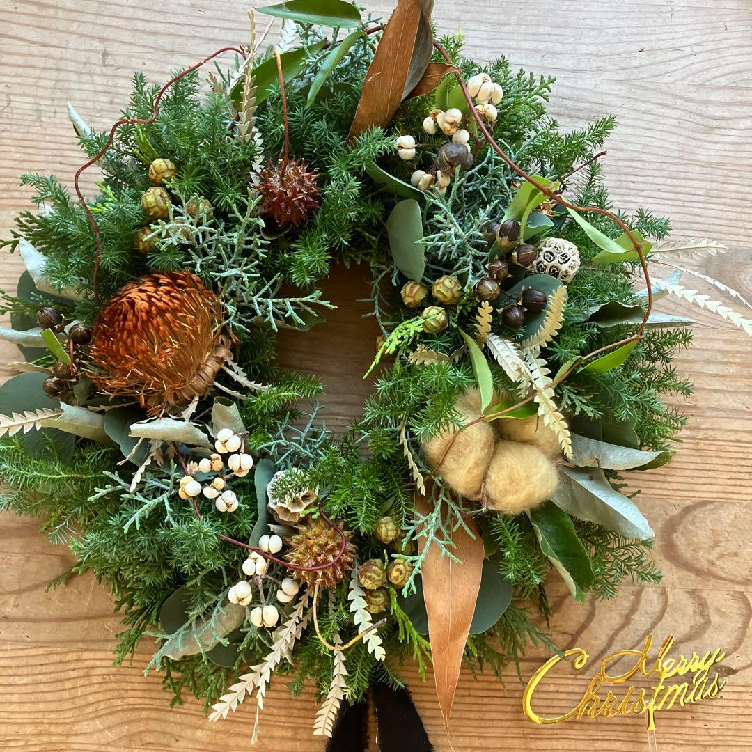 30㎝　ドライアンドラとコットンの大人ブラウンクリスマスリース　グレビレア