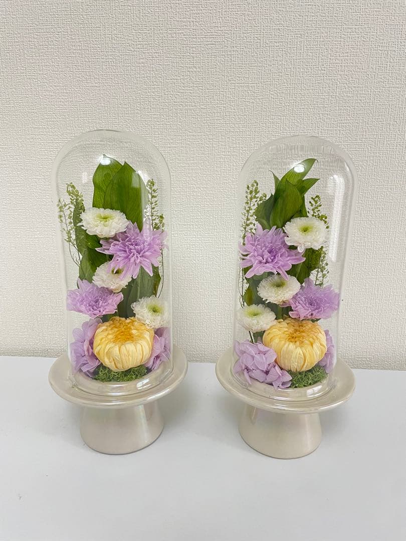 プリザーブドフラワー仏花　ガラスドーム入り　一対　ソフトイエロー　お盆　お供え