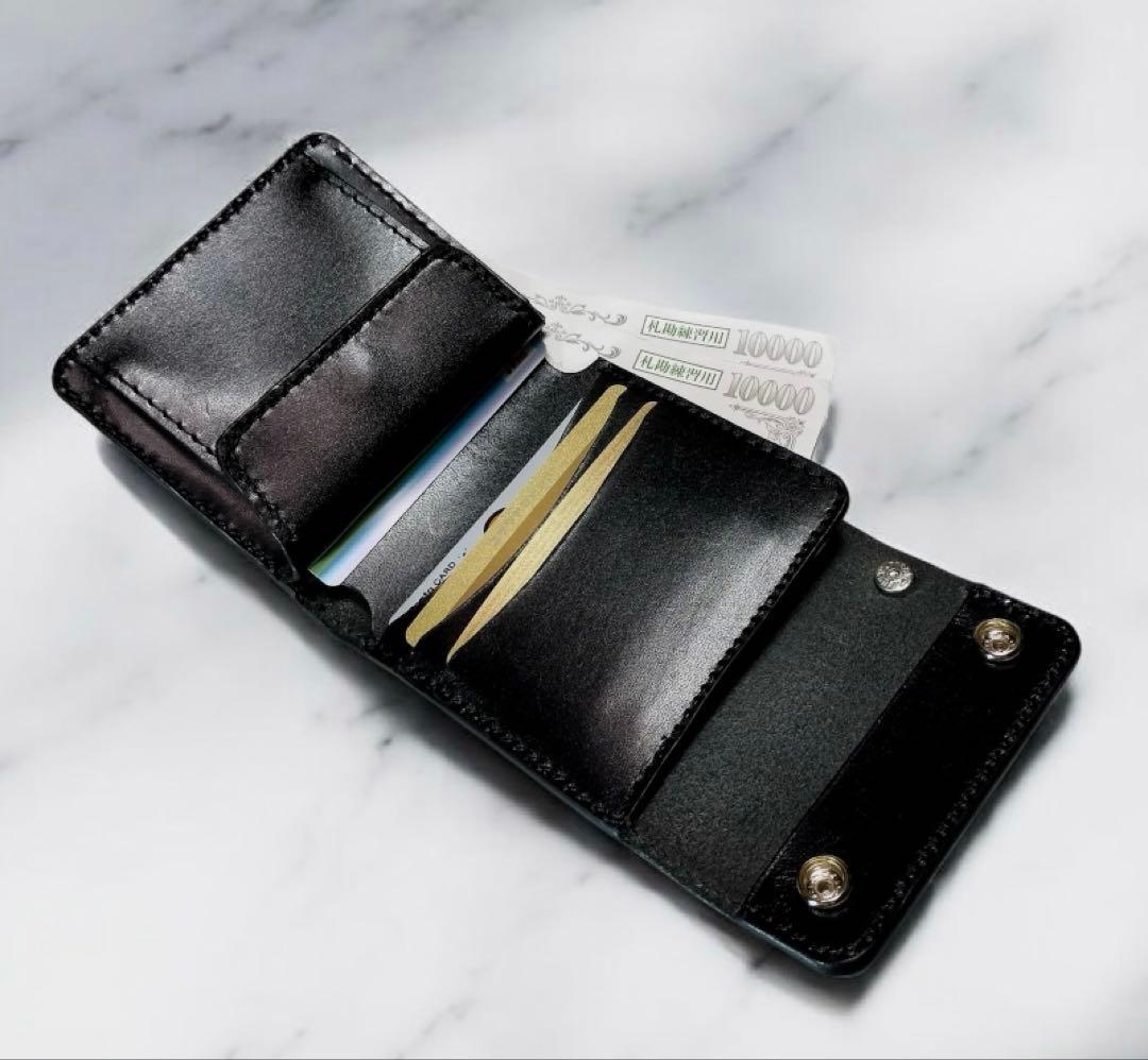 三つ折りトラッカーウォレット　栃木レザー　オイルレザー　黒　ハンドメイド