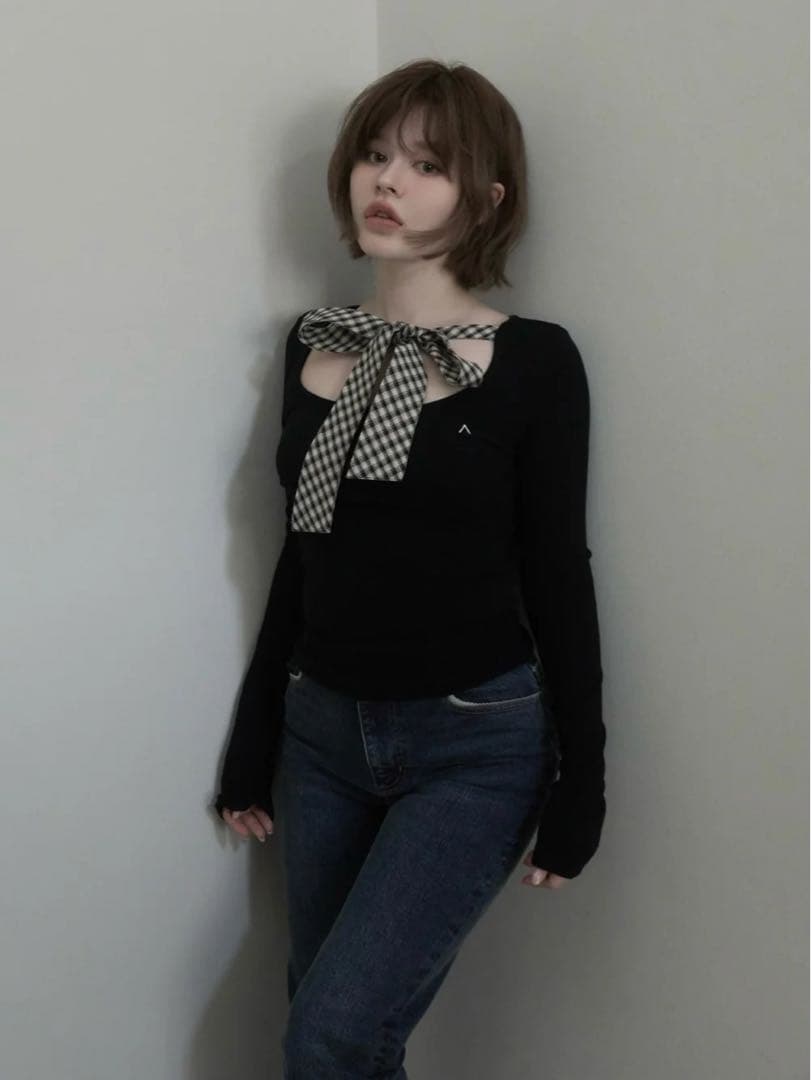 即日発送❣️ andmary Ami ribbon check tops ブラック