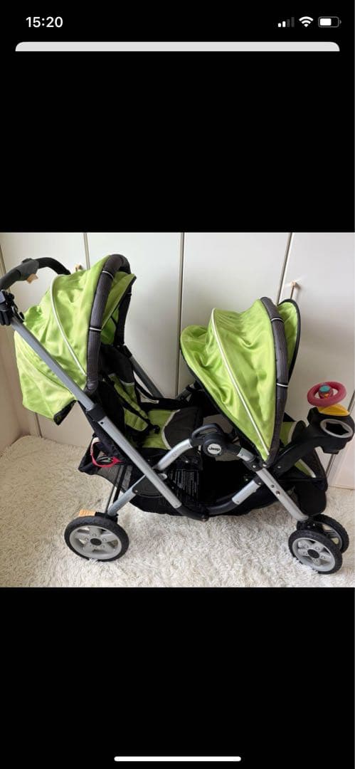 Jeep 2人乗りベビーカー 緑色 ハンドル、カップホルダー付き