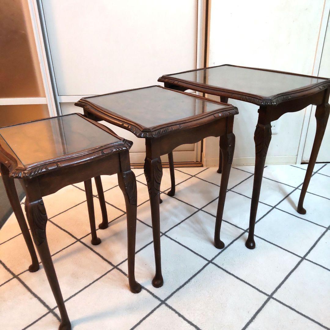 英国 Bevan Funnell ガラストップネストテーブル 猫脚 アンティーク