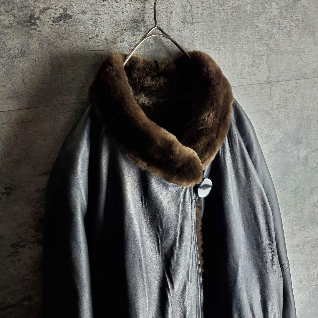 【ヴィンテージ】レザーコート 裏ボア フレア袖 ラム 本革 黒 XXL レトロ