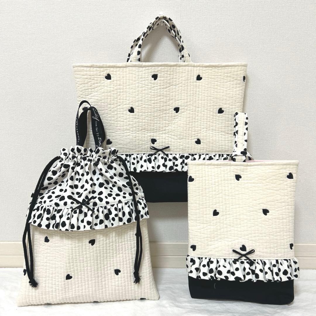 入園入学3点セット　【白地黒ハートヌビ×ダルメシアン】　女の子　レッスンバック