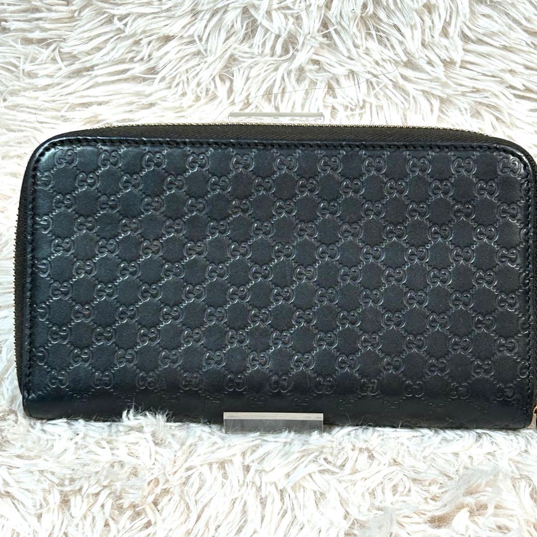 グッチ　マイクロGGシマ　レザー　ラウンドジップ長財布　ブラウン