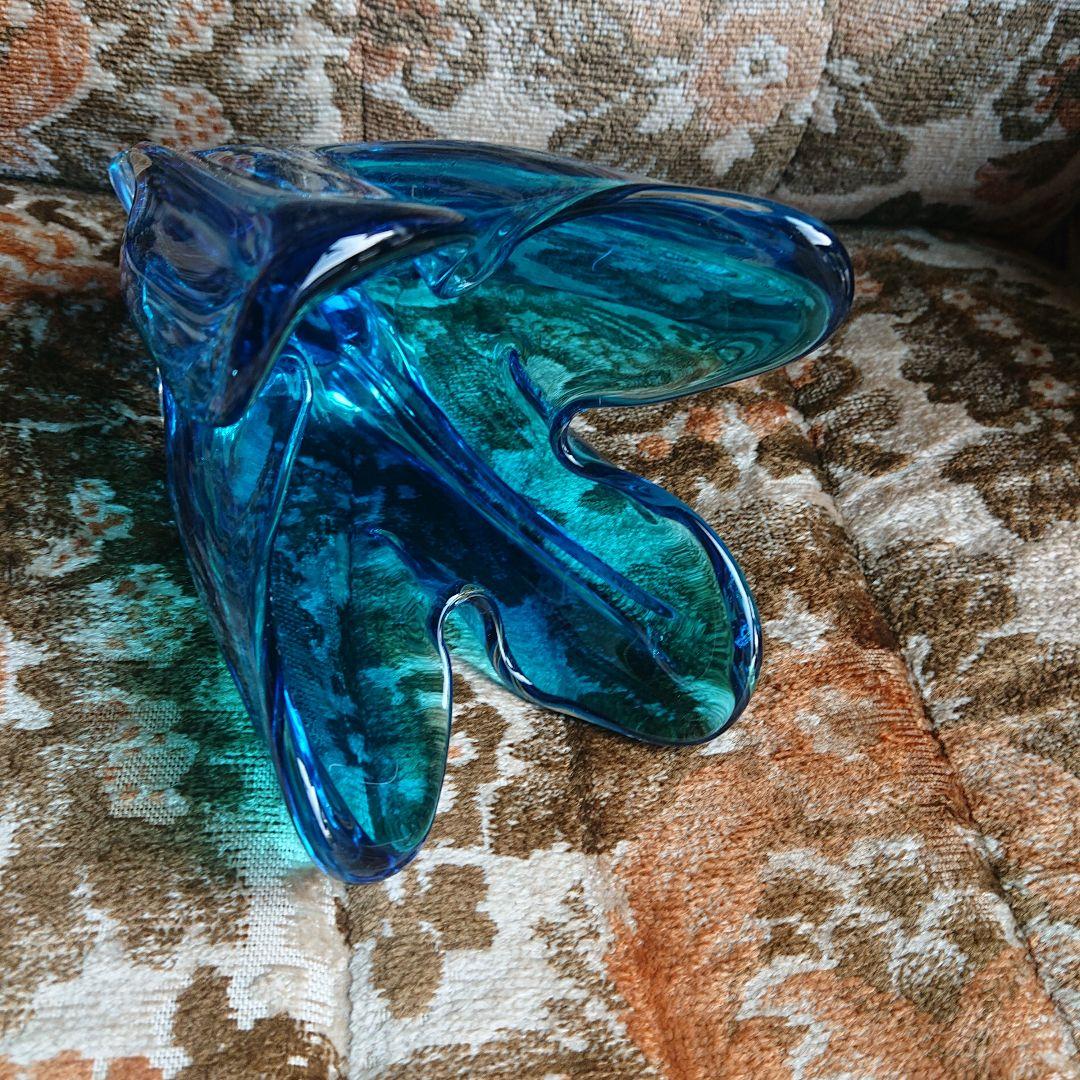 青色ガラス花瓶 フラワー型アンティークポップ