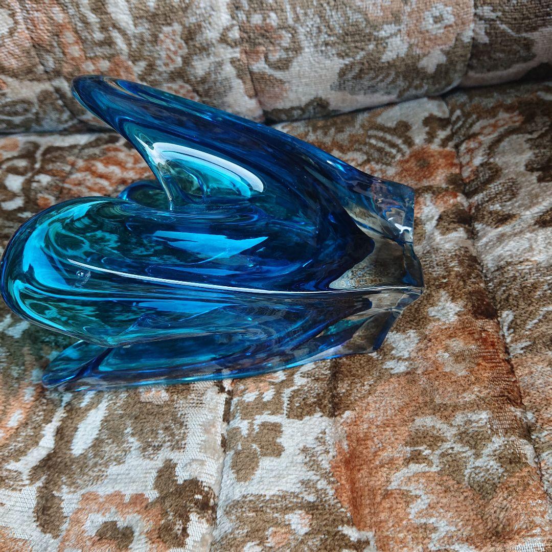 青色ガラス花瓶 フラワー型アンティークポップ