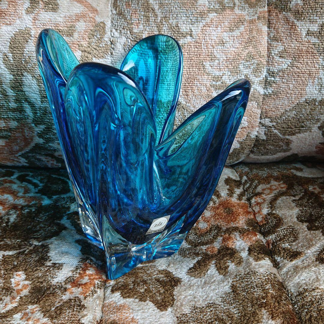 青色ガラス花瓶 フラワー型アンティークポップ