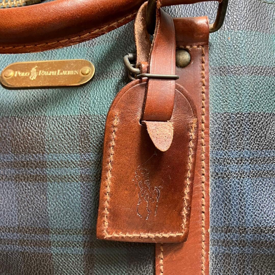 ポロラルフローレン　大容量　ボストンバッグ　チェック　レザー　PVC グリーン