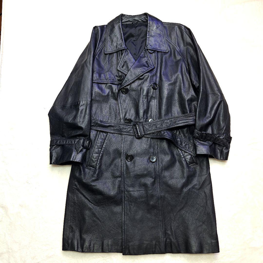 【美品】★レザー トレンチコート ブラック 黒 羊 ロングコート　M